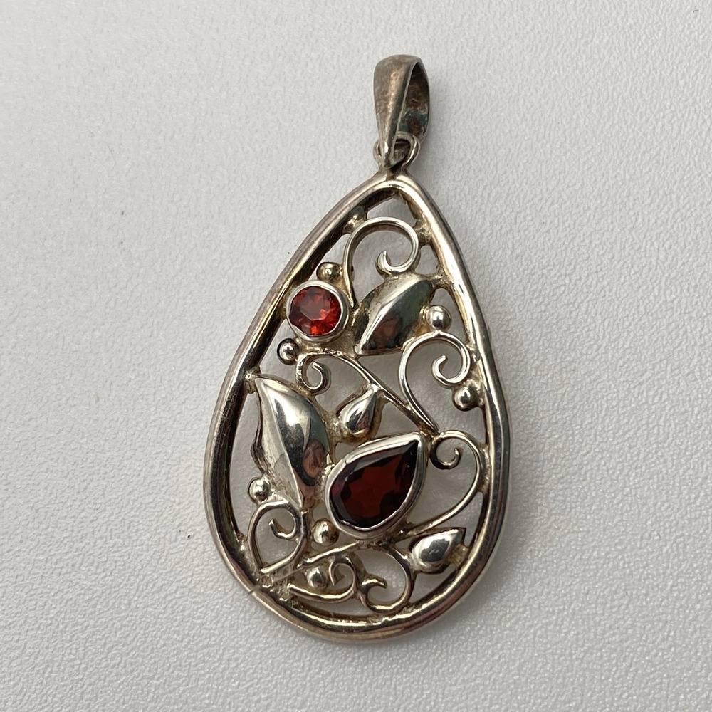PTI 925 Sterling Silver Pendant Vintage Nepal Red Garnet 1.25"